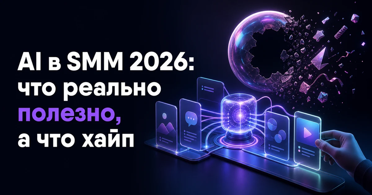 Обложка статьи «AI в SMM 2026: что реально полезно, а что хайп»