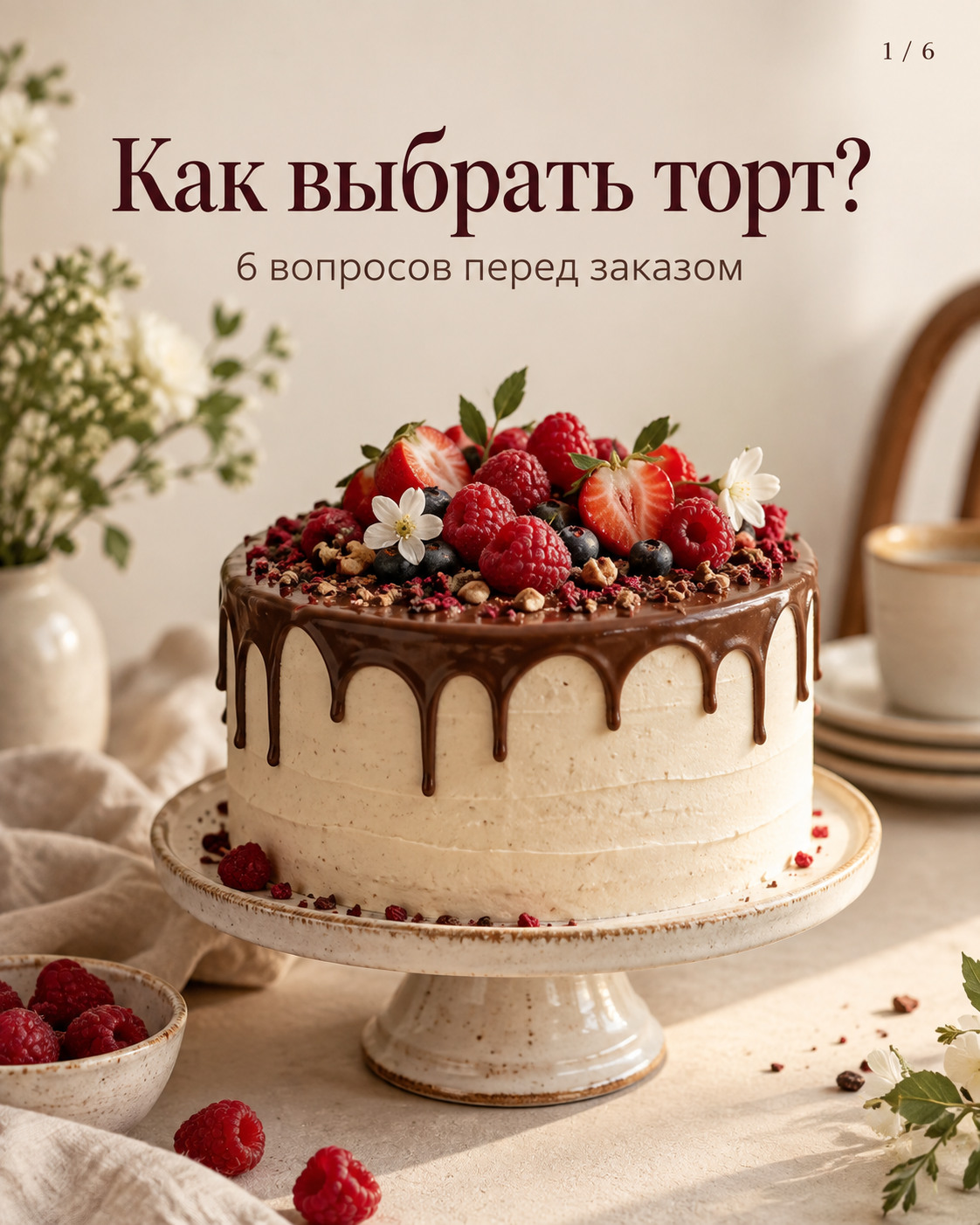 Первый слайд учебной карусели: торт и заголовок «Как выбрать торт?»