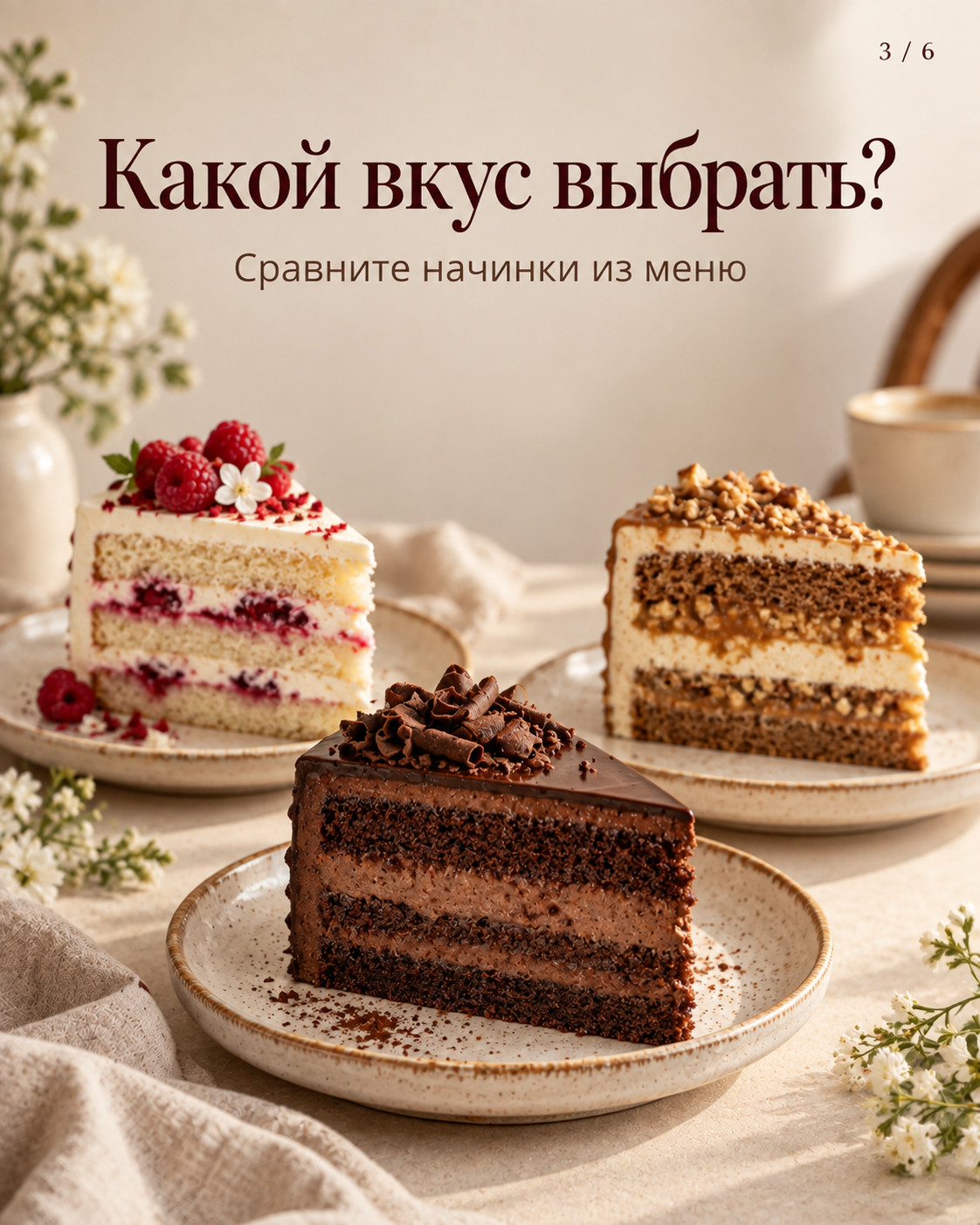 Третий слайд: три разных разреза торта для сравнения вкусов