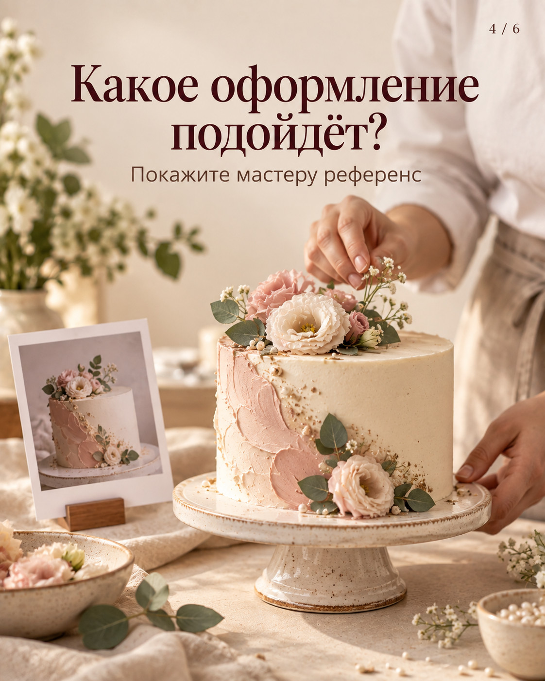Четвёртый слайд: кондитер украшает торт по изображению-референсу