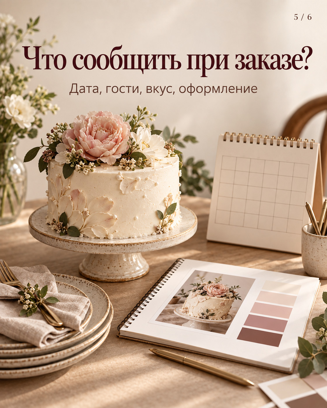 Пятый слайд: торт, календарь и визуальные материалы для обсуждения заказа