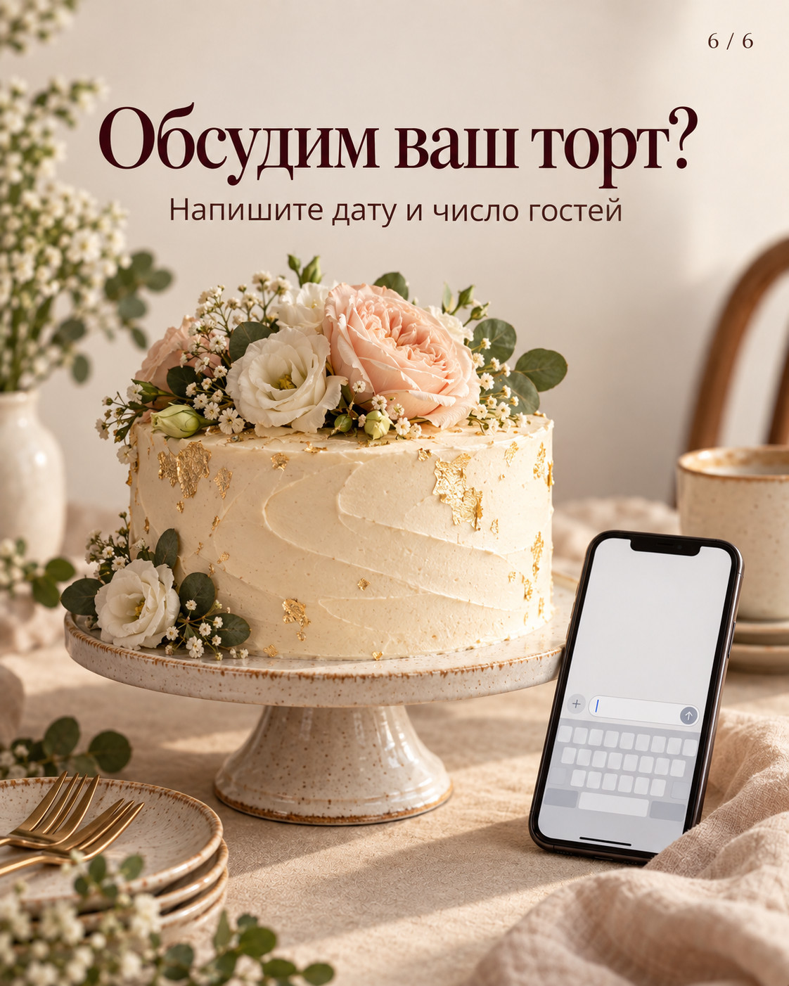 Шестой слайд: торт и один понятный шаг для обсуждения заказа