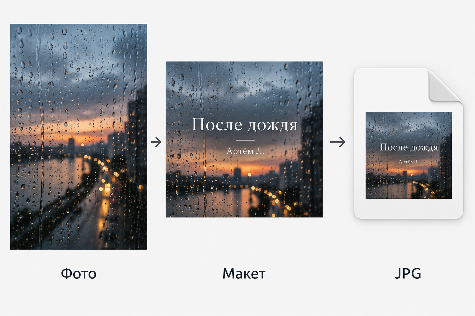 Учебный путь от фото мокрого окна к квадратному макету и JPG обложки трека