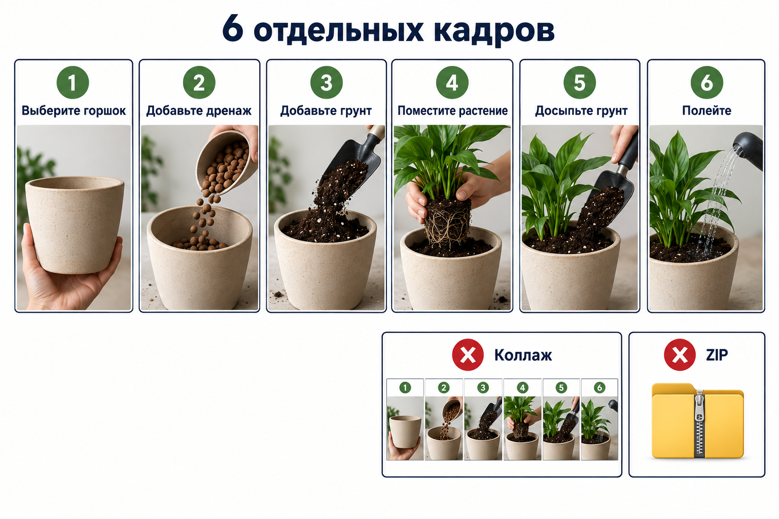 Шесть отдельных кадров пересадки растения рядом с коллажем и архивом