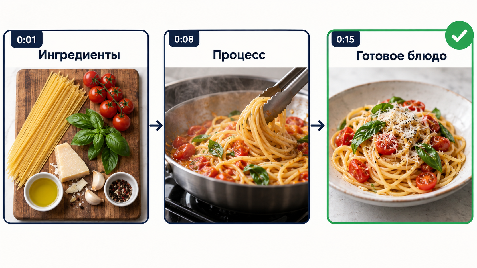 Три момента ролика с пастой: продукты, готовка и готовое блюдо