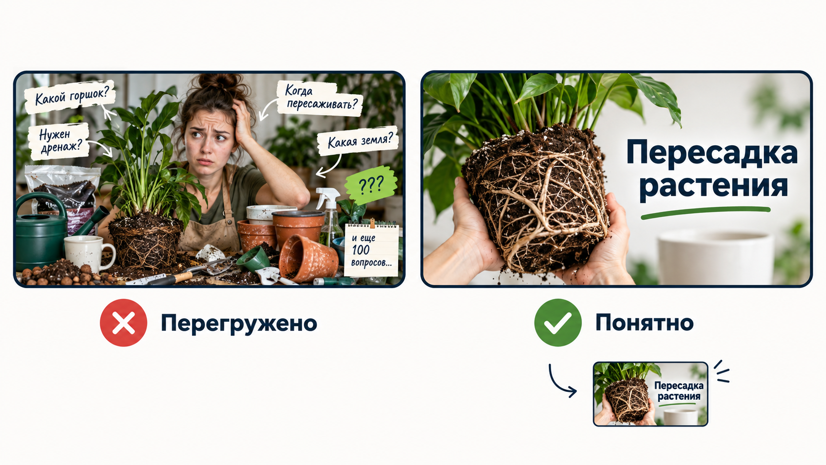 Сравнение перегруженной и ясной обложки ролика о пересадке растений
