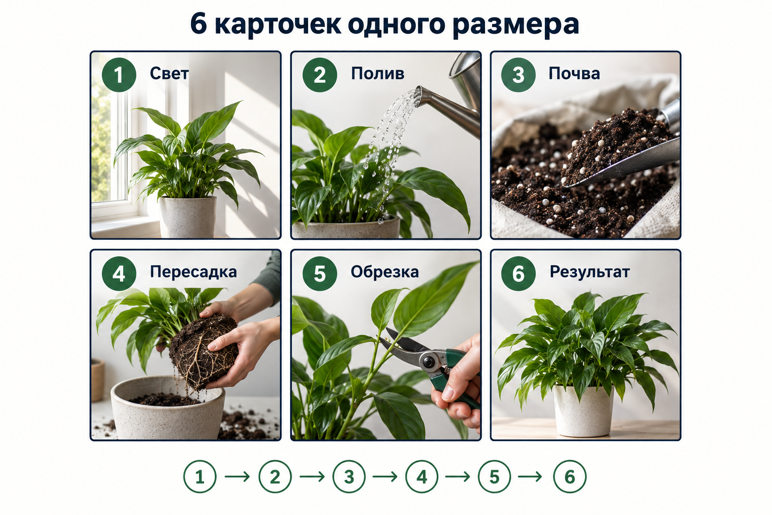 Шесть карточек об уходе за растением разложены в порядке альбома