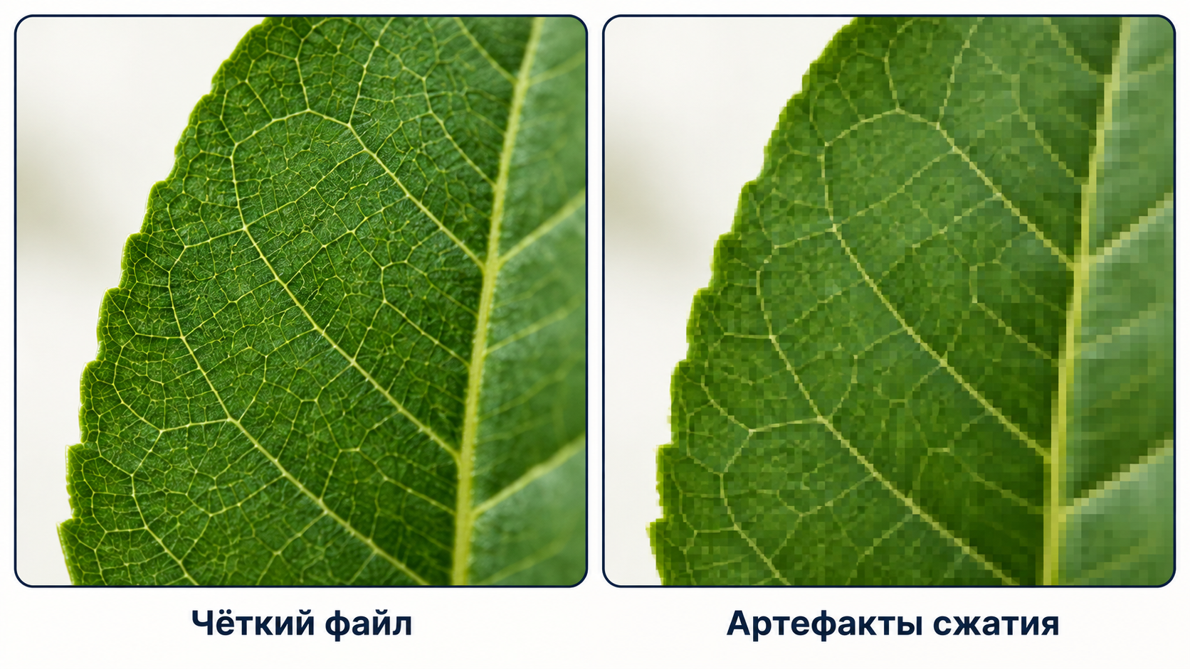 Иллюстративное сравнение чёткого края листа и заметных артефактов сжатия
