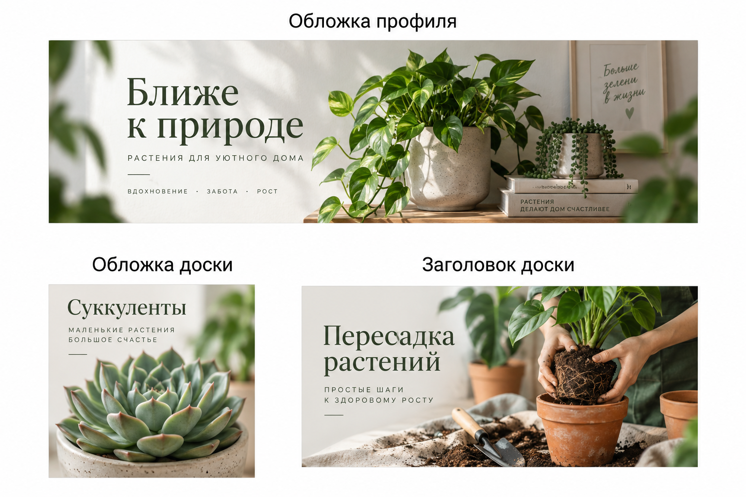 Три самостоятельных макета: широкая обложка профиля, обложка доски и заголовок доски