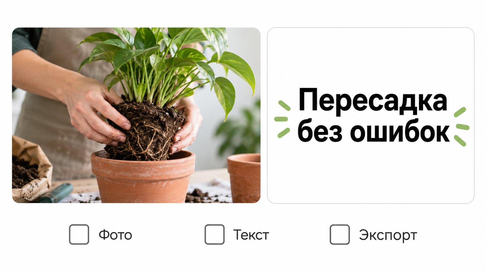 Один тестовый бриф: фото пересадки растения, фраза и три пункта для проверки
