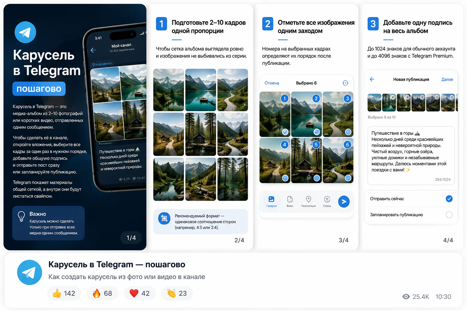Пошаговая схема публикации карусели из 2–10 изображений в Telegram-канале