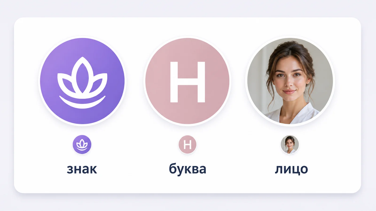 Три варианта аватарки группы ВК рядом: знак, буква на цветном фоне и портрет мастера.