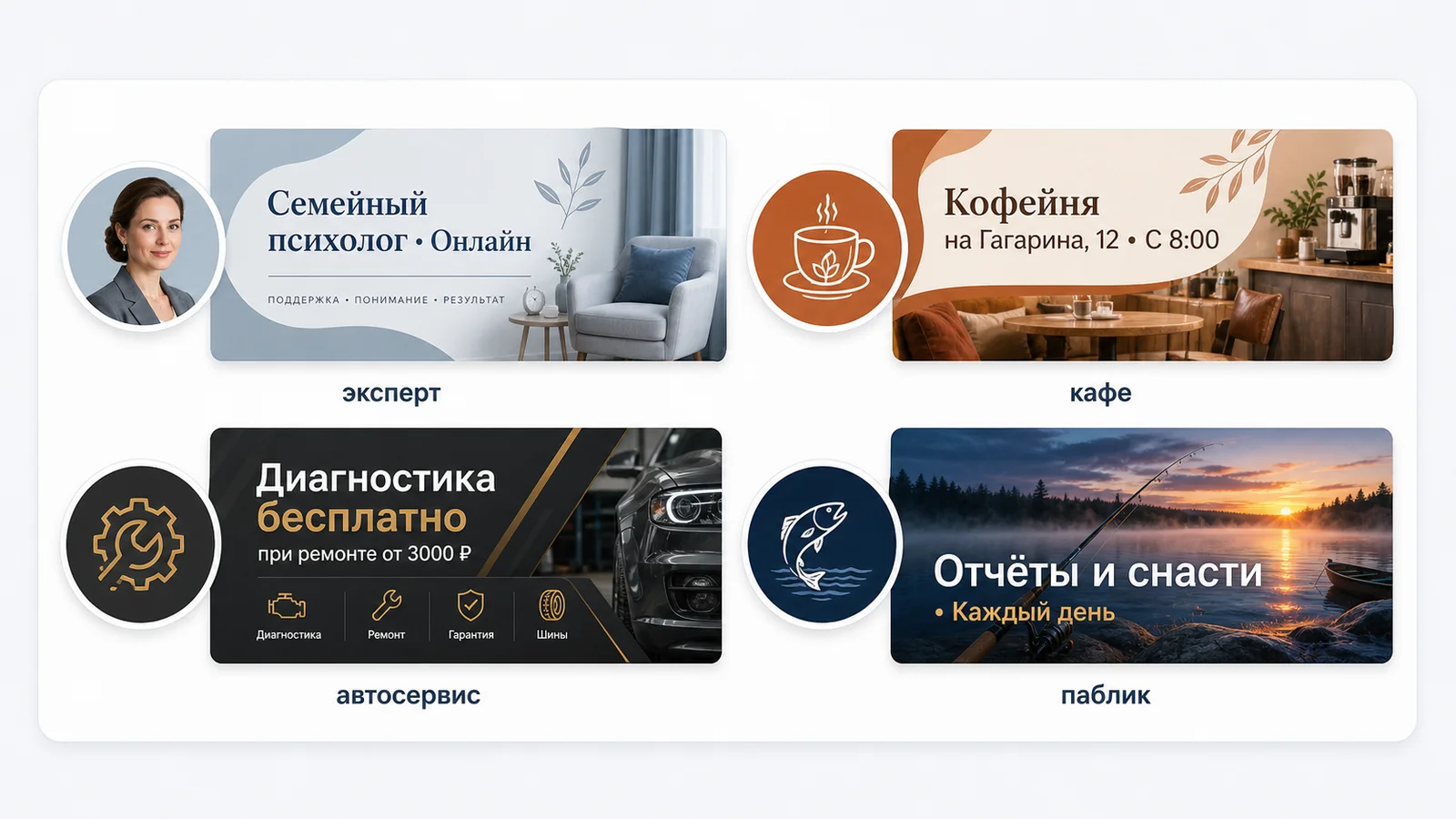Четыре схемы оформления рядом: эксперт, кафе, автосервис и паблик в разных палитрах.