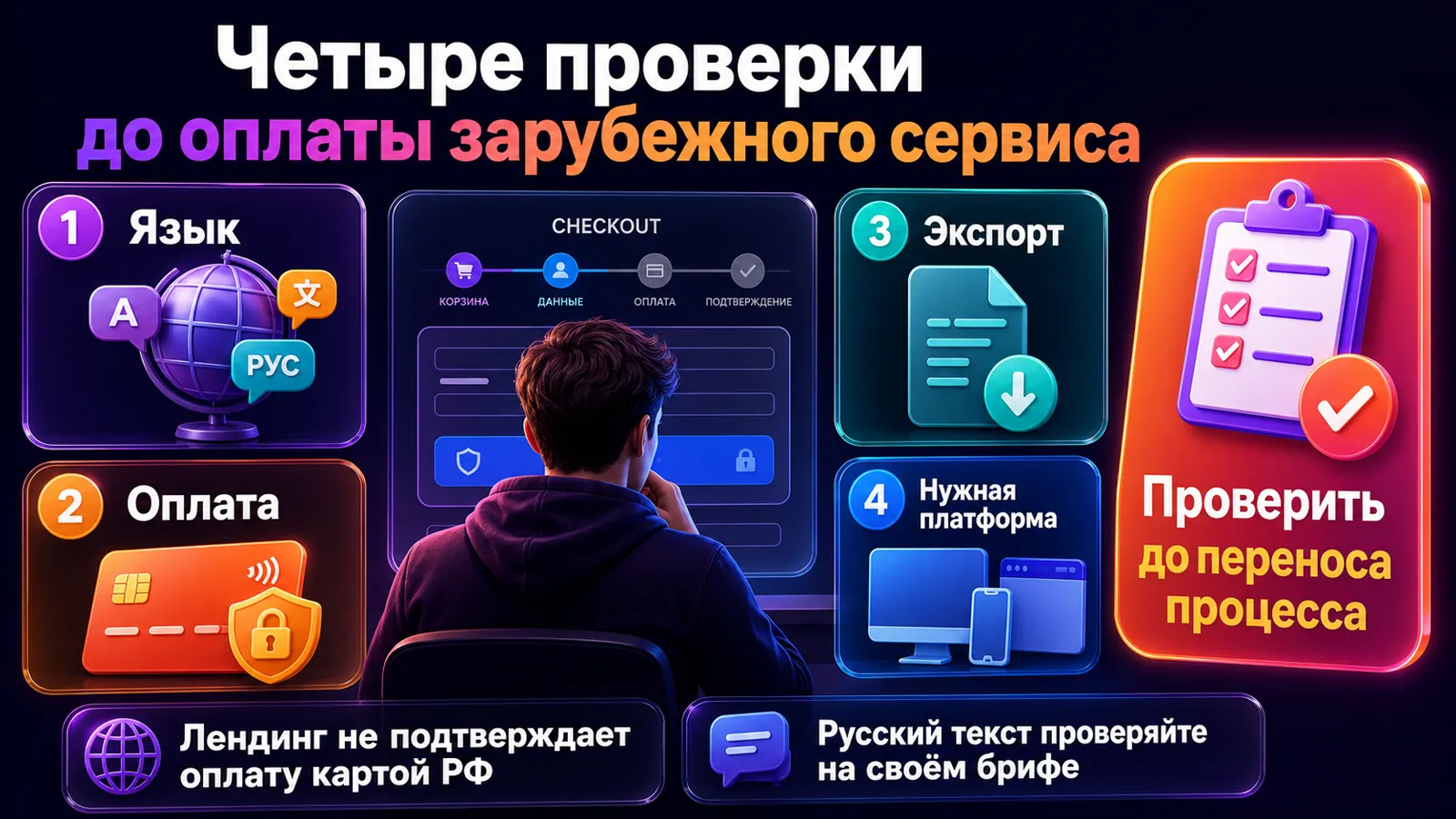 Четыре проверки зарубежного генератора каруселей: язык, оплата, экспорт и поддерживаемая платформа.