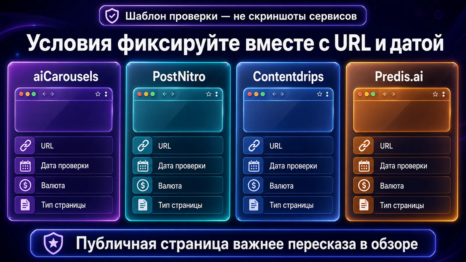 Актуальные публичные экраны aiCarousels, PostNitro, Contentdrips и Predis.ai с датой проверки.