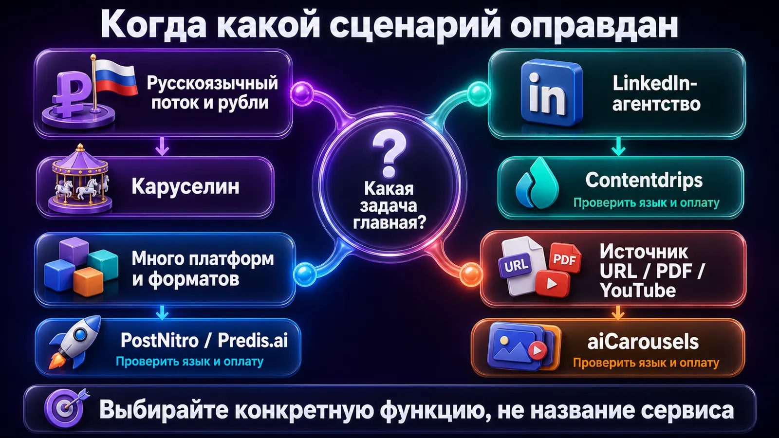 Карта выбора между Каруселином и западными генераторами по языку, LinkedIn, платформам и источнику контента.