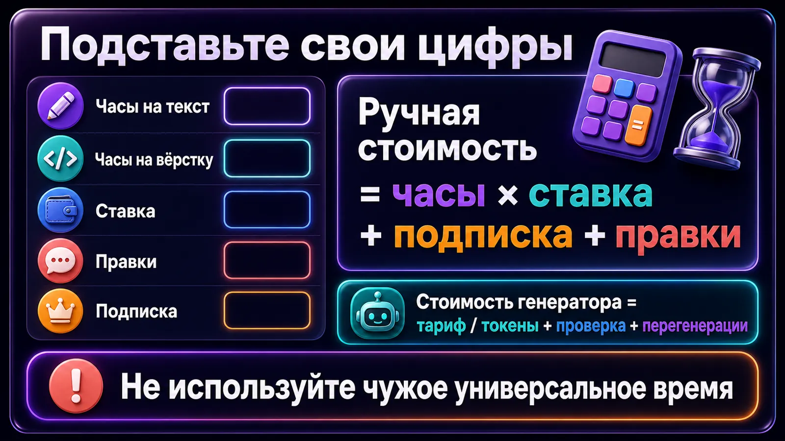 Формула сравнения собственной стоимости ручной вёрстки и генерации карусели.