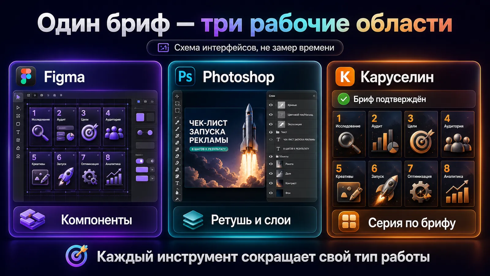 Рабочие области Figma, Photoshop и Каруселина для условной карусели из восьми слайдов.