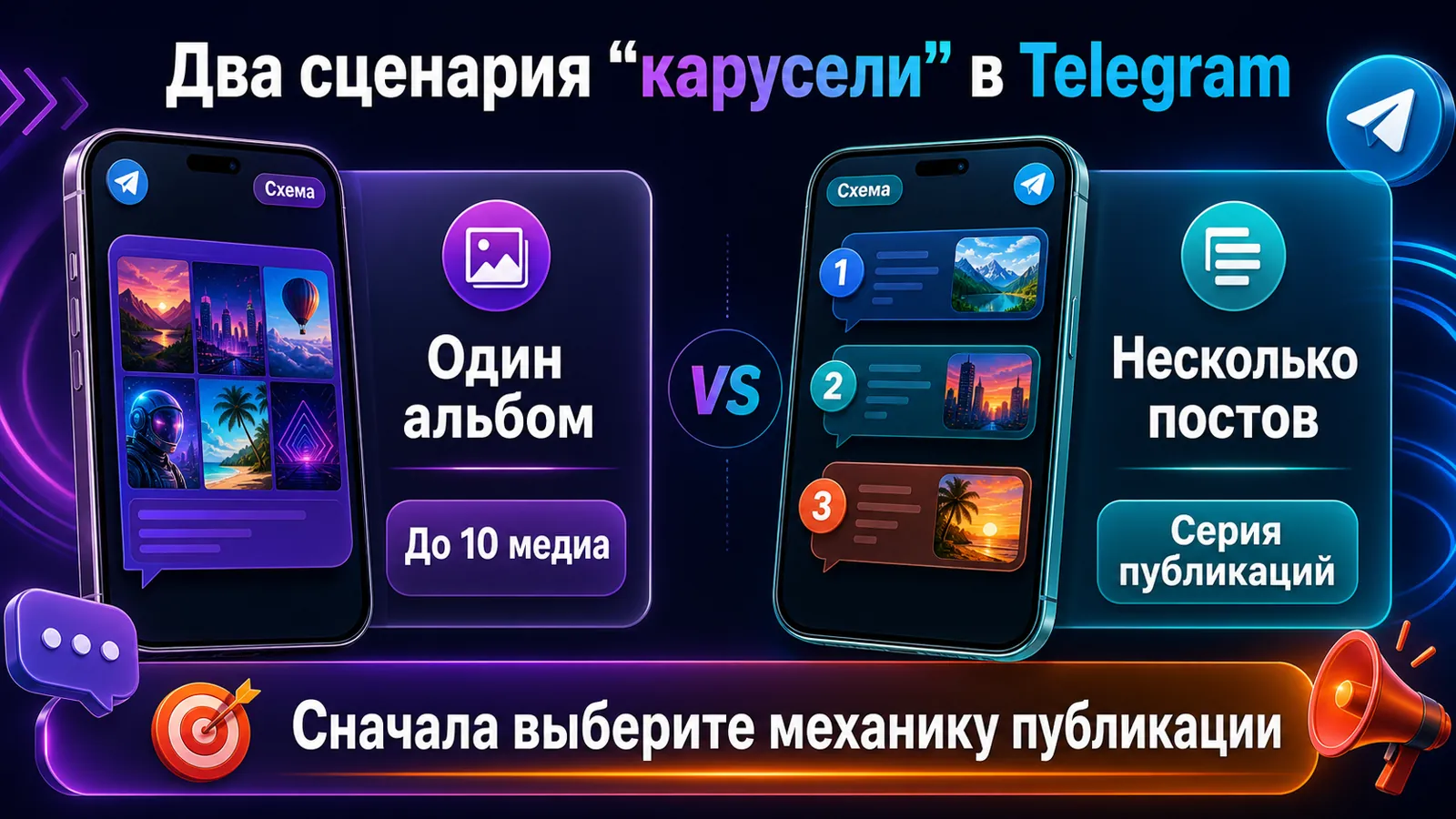 Сравнение альбома Telegram до десяти медиафайлов и серии отдельных постов.