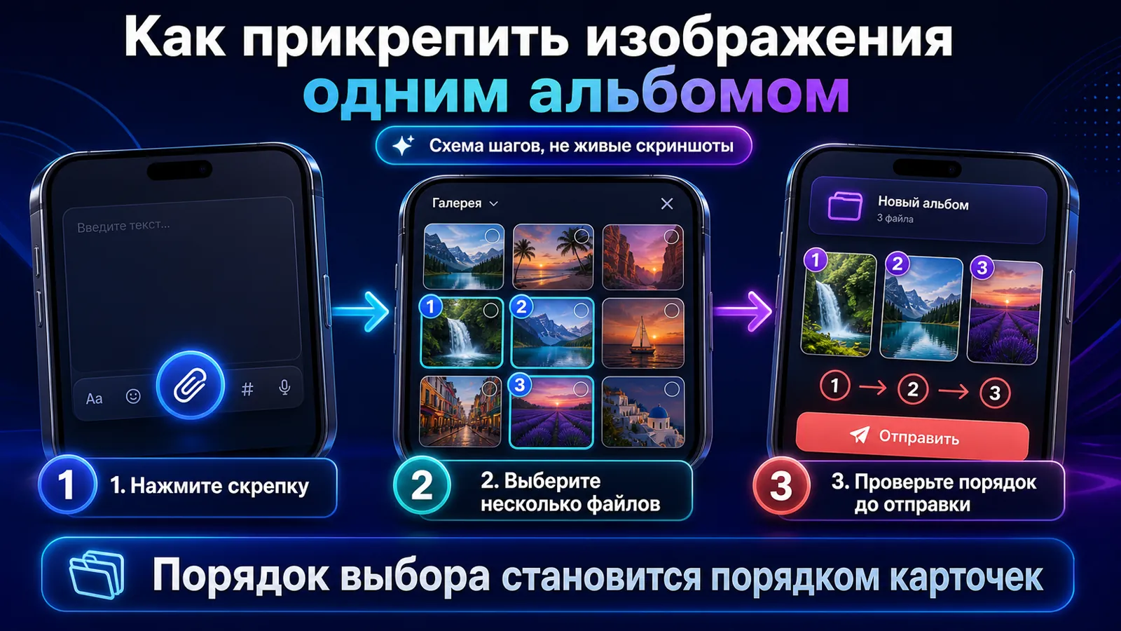 Три шага прикрепления нескольких изображений одним альбомом в Telegram.