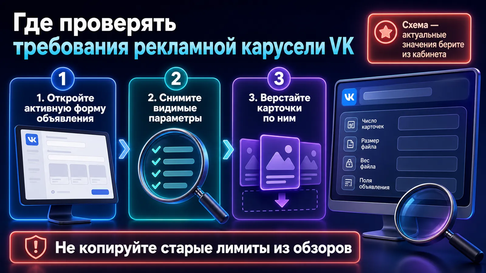 Форма рекламной карусели VK, в которой проверяются актуальные требования к карточкам.