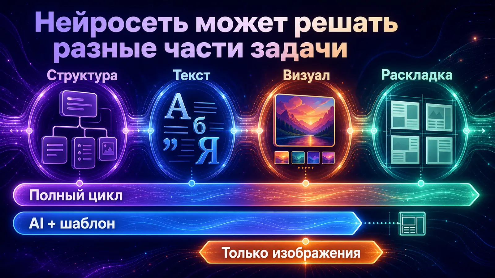 Схема участия нейросети в структуре, тексте, визуале и раскладке карусели.