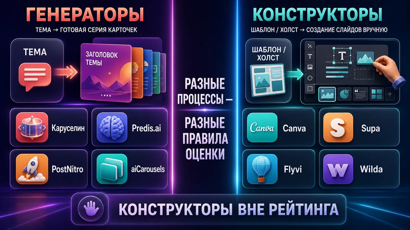 Разделение четырёх генераторов, участвующих в рейтинге, и четырёх ручных конструкторов вне рейтинга.