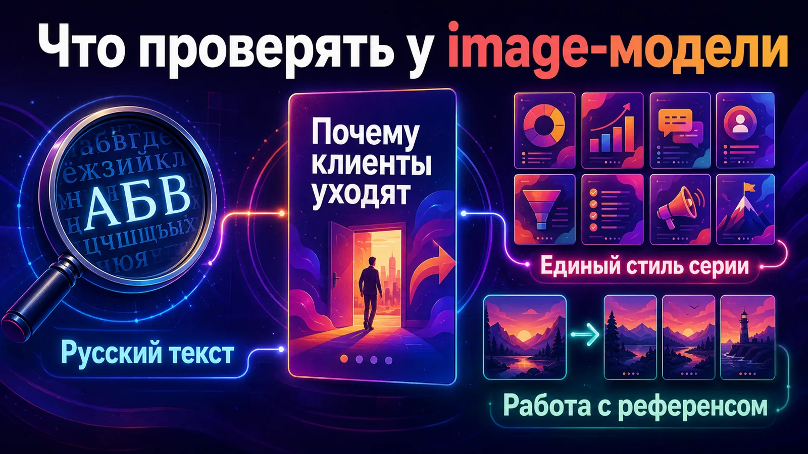 Три проверки нейросети для картинок: русский текст, единый стиль серии и работа с референсом.
