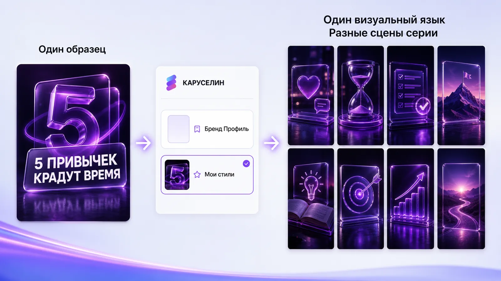 Схема переноса визуального стиля из референса в серию кадров карусели.