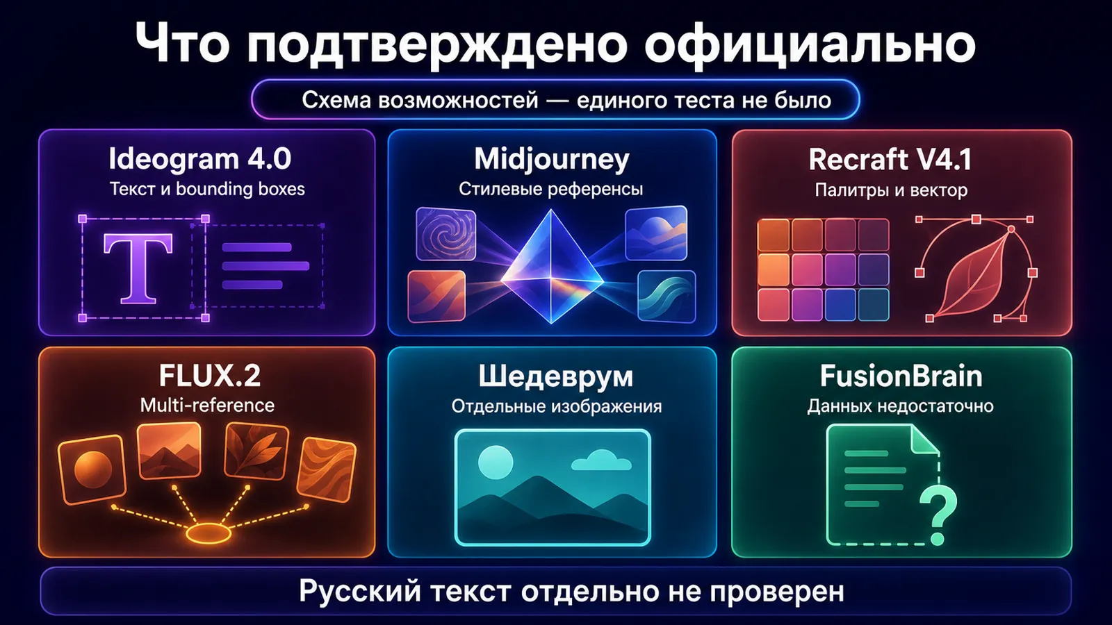 Результаты шести нейросетей на одной русской фразе для слайда карусели.