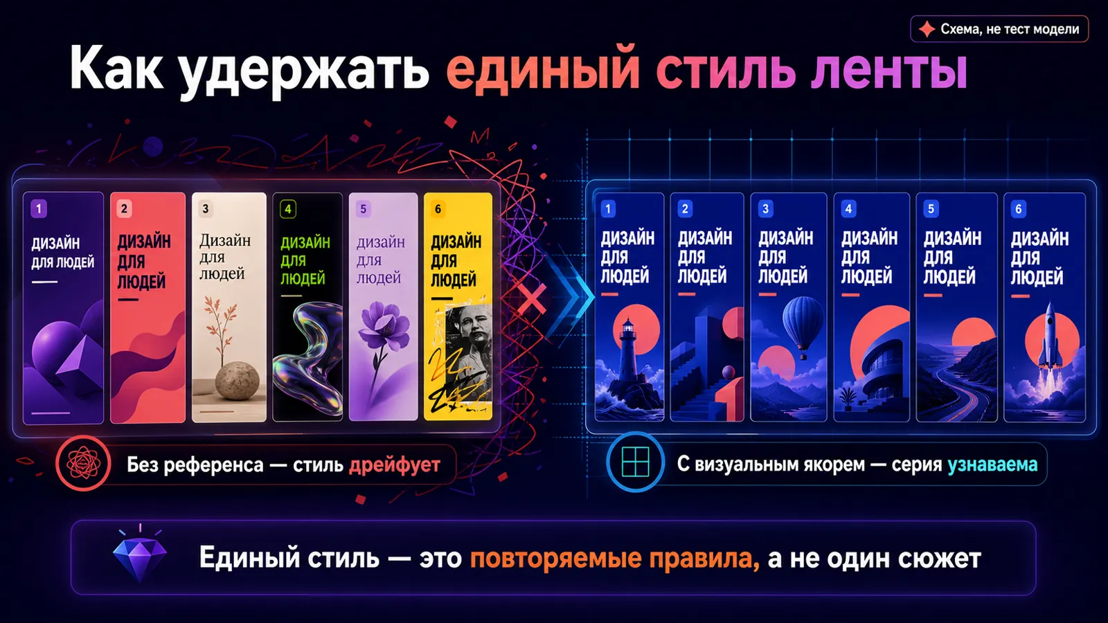 Схематичное сравнение ленты с дрейфом стиля и ленты с единым визуальным референсом.