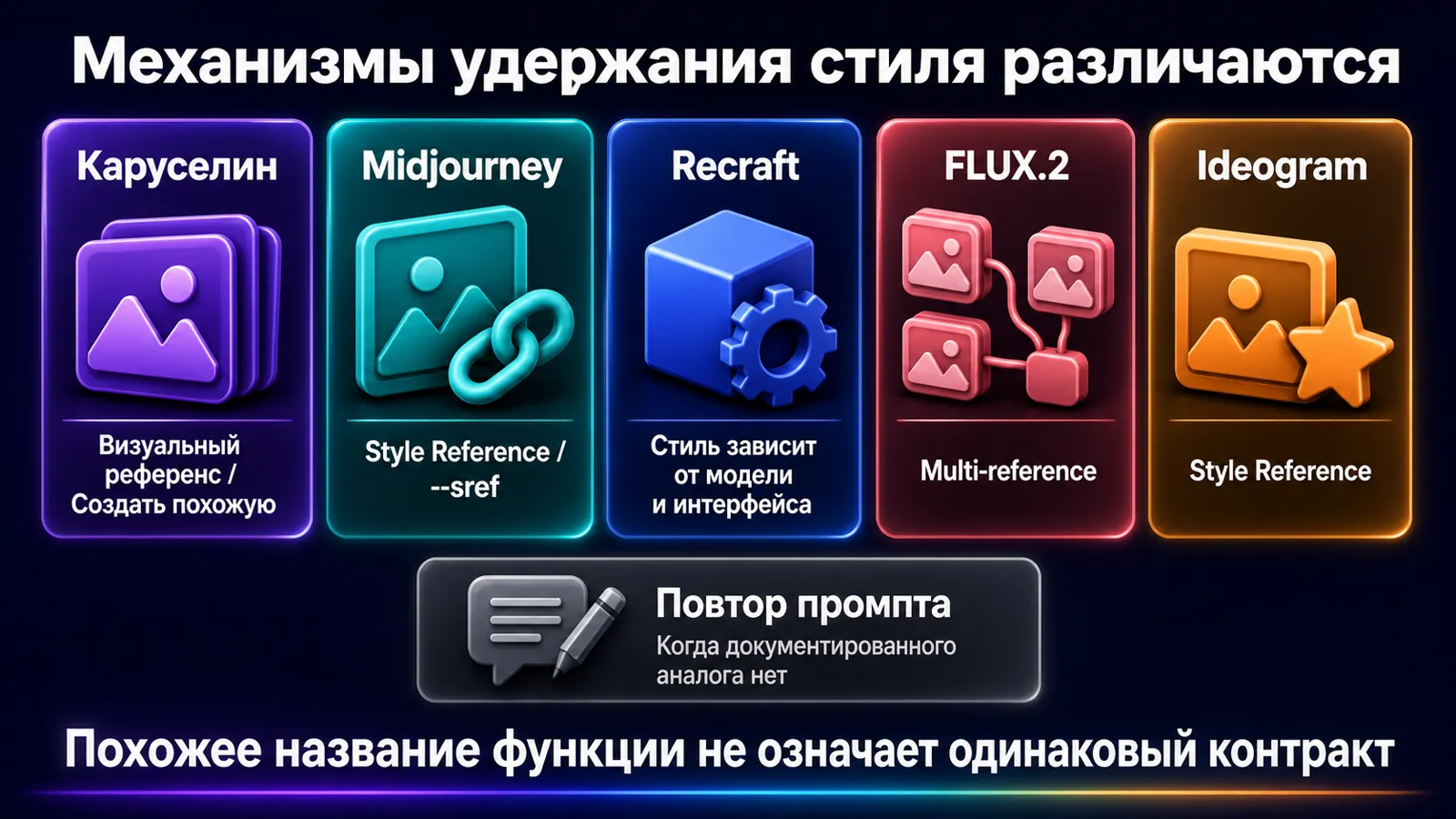 Сравнение документированных механизмов удержания стиля в Каруселине, Midjourney, Recraft, FLUX и Ideogram.