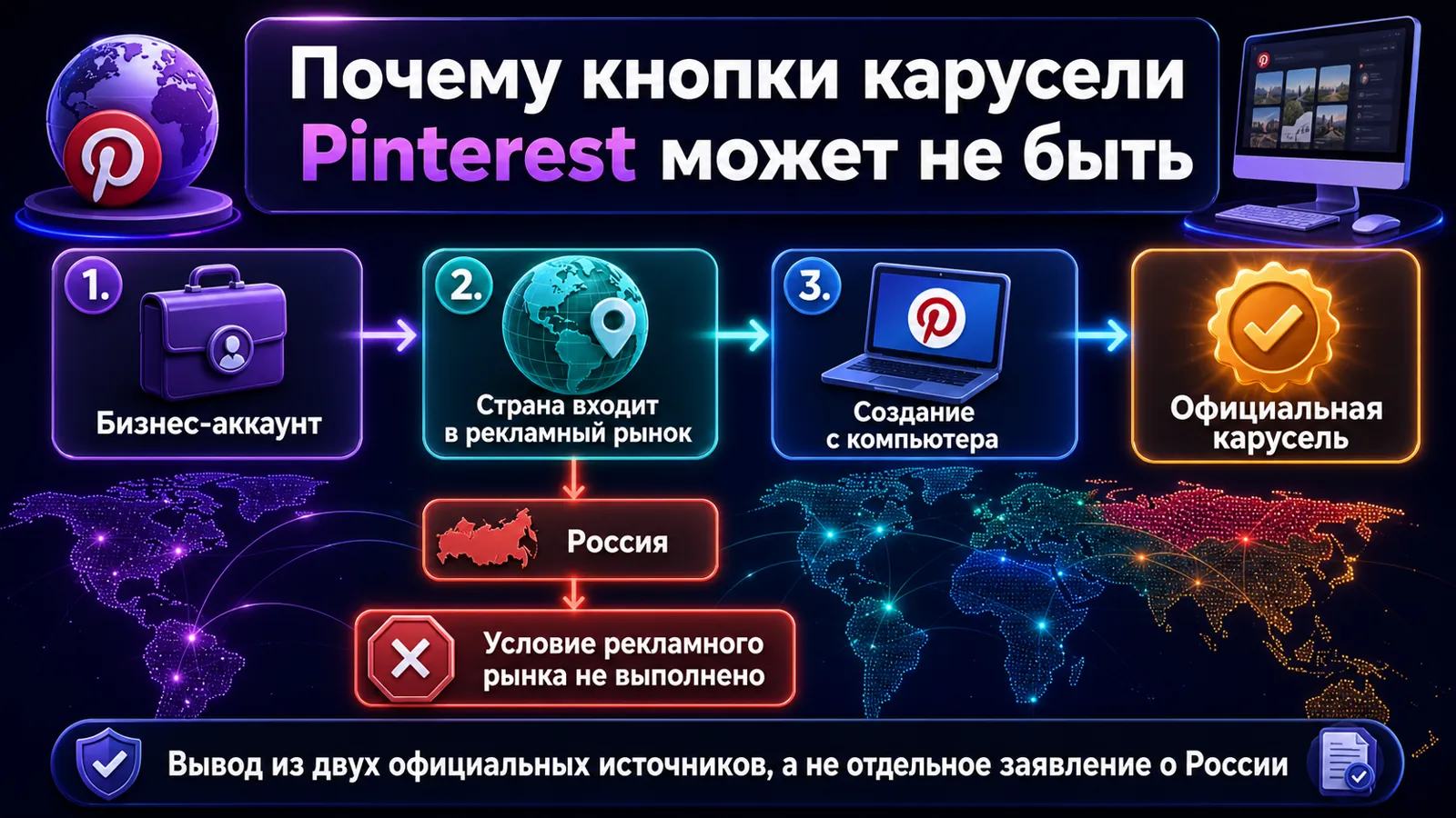 Схема условий Pinterest для создания карусели и ветка российского бизнес-аккаунта.