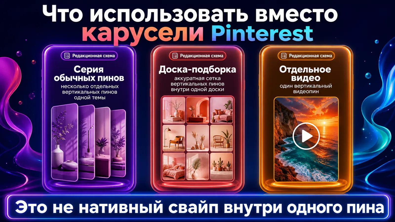 Три замены недоступной карусели Pinterest: серия пинов, доска-подборка и видео.