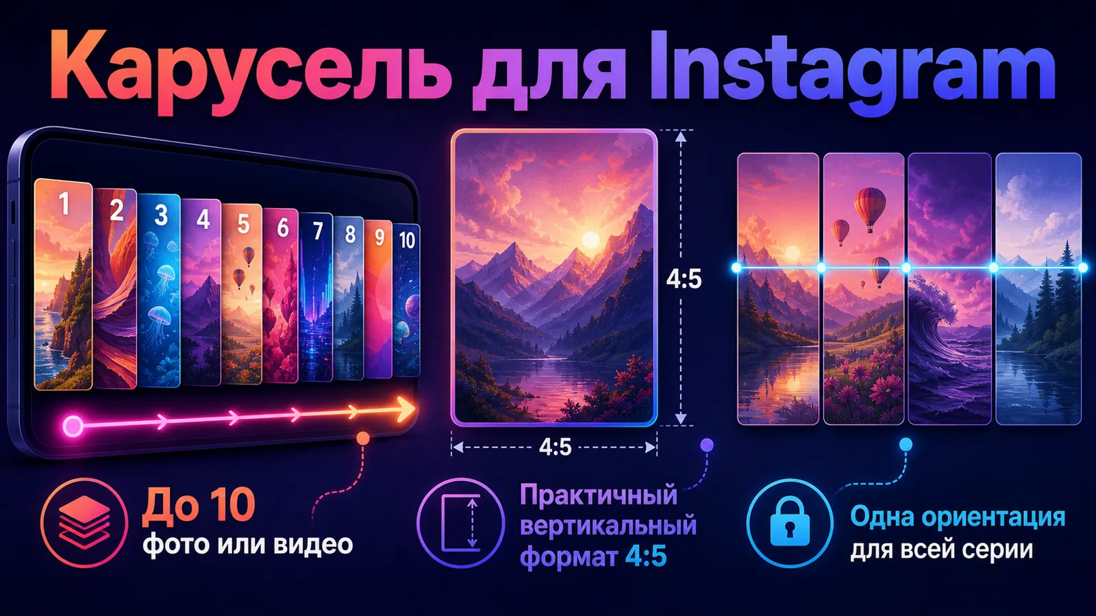 Схема карусели Instagram с лимитом до десяти медиафайлов и вертикальным форматом 4:5.
