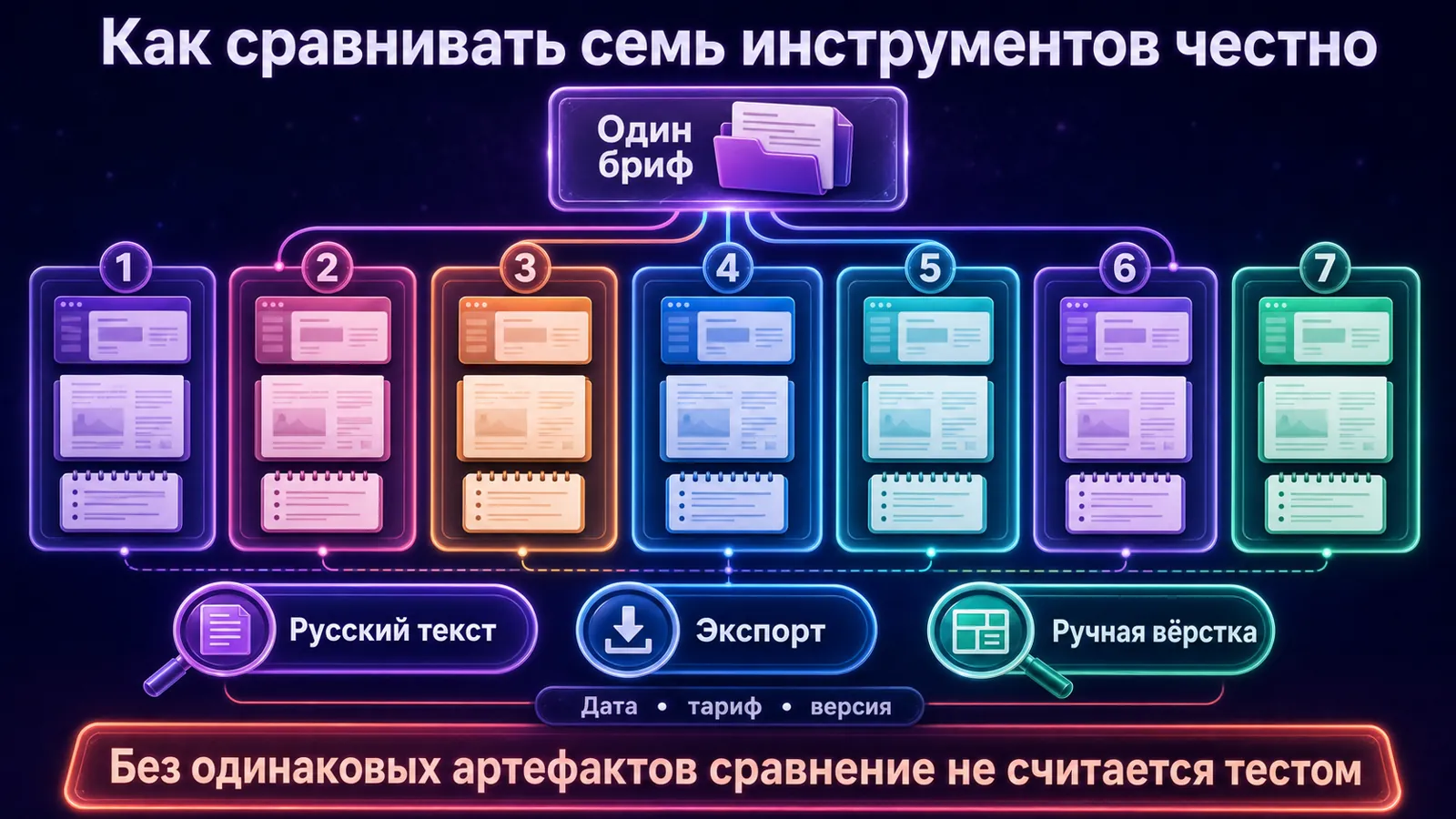 Артефакты одного брифа о запуске рекламы, подготовленного в семи приложениях для каруселей.