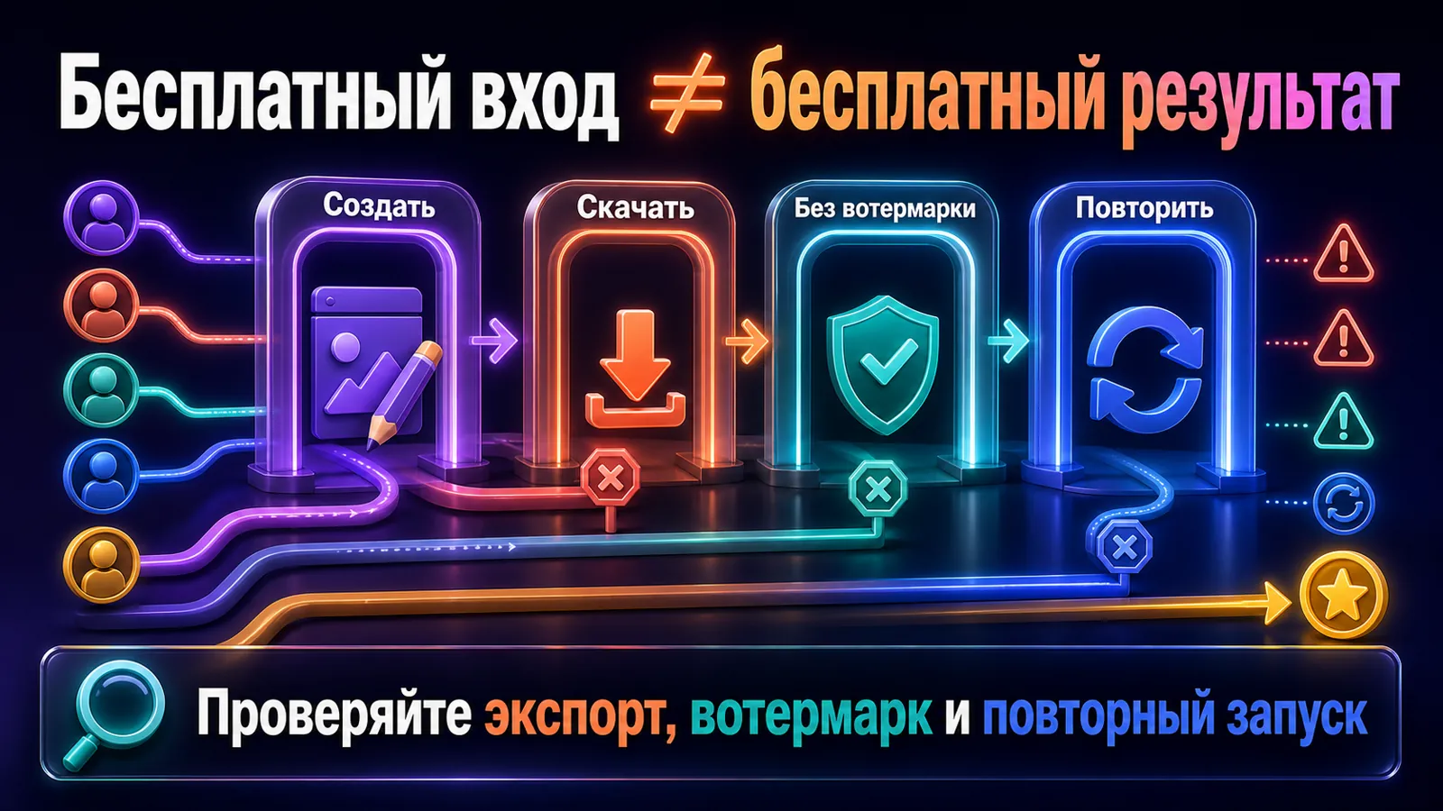Схема проверки бесплатного сервиса по созданию, скачиванию, водяному знаку и повторному запуску.