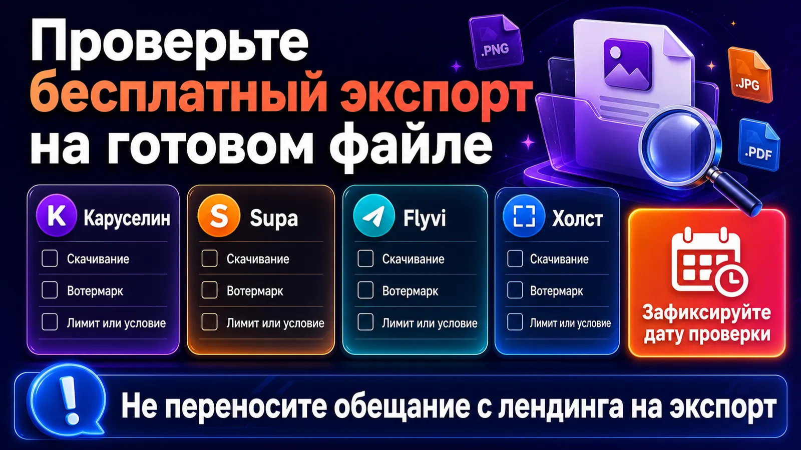 Сравнение реальных ограничений бесплатного экспорта в четырёх сервисах для каруселей.
