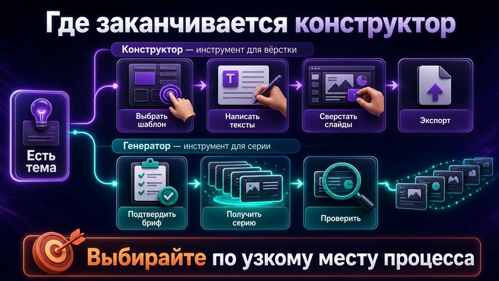 Разница рабочего процесса между российским конструктором и генератором каруселей.