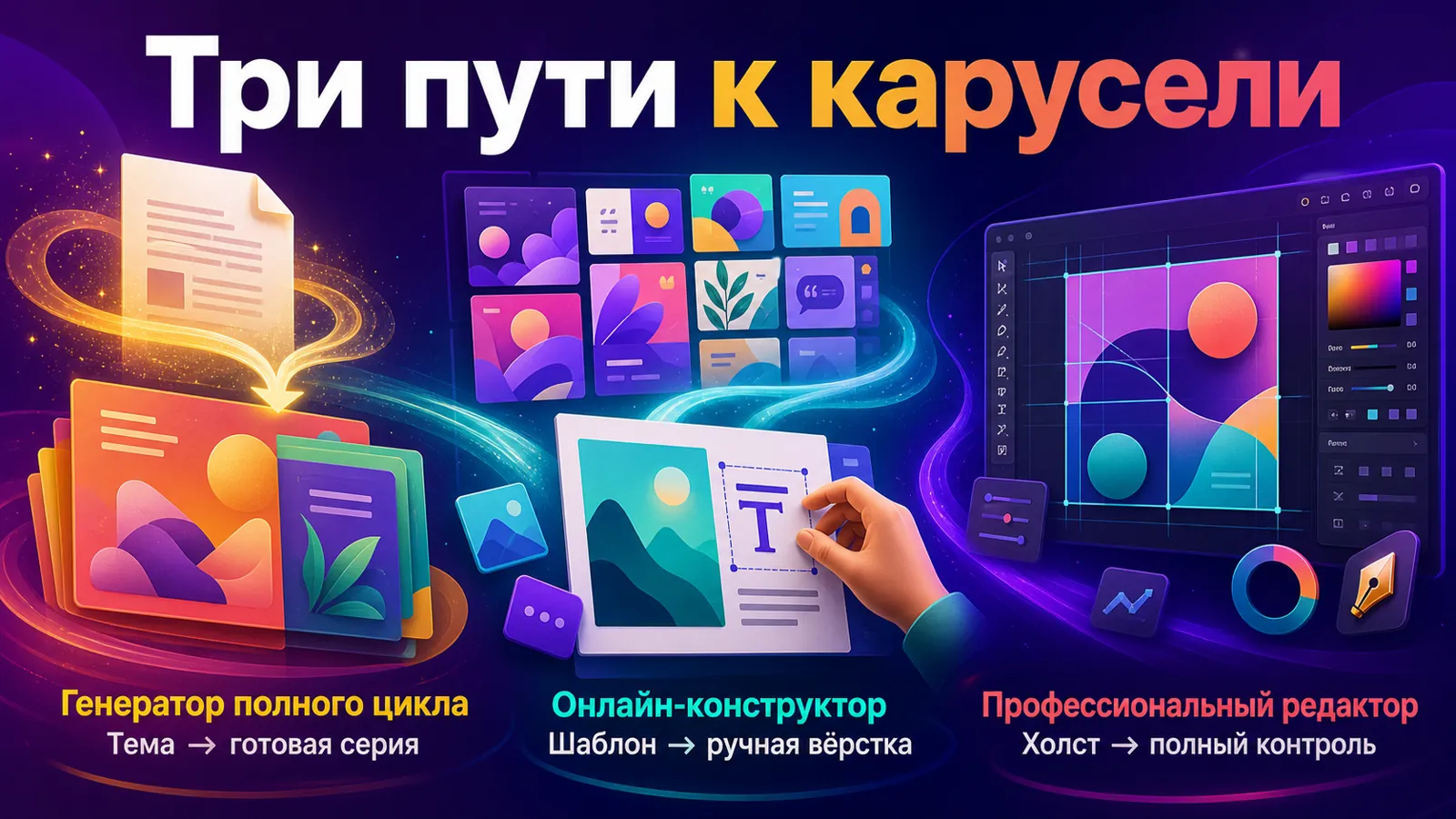 Схема трёх способов создать карусель: генератор полного цикла, онлайн-конструктор и профессиональный редактор.