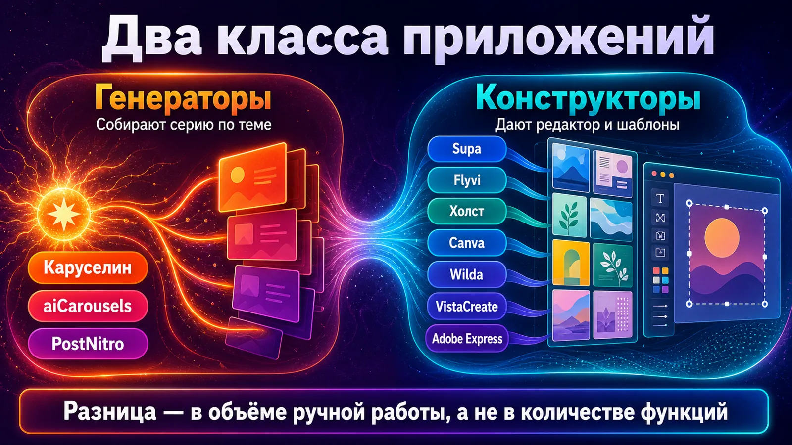 Карта десяти приложений, разделённых на генераторы готовой серии и ручные конструкторы.