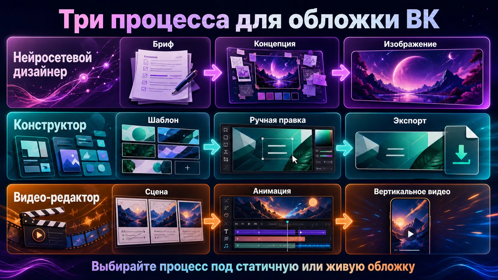 Сравнение нейросетевого дизайнера, онлайн-конструктора и видео-редактора для обложки ВК.