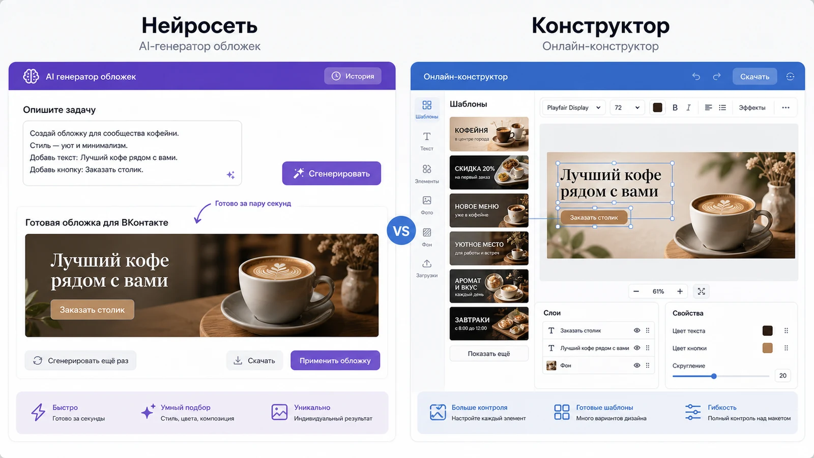 Сравнение нейросетевого генератора обложек ВК и онлайн-конструктора с шаблонами.