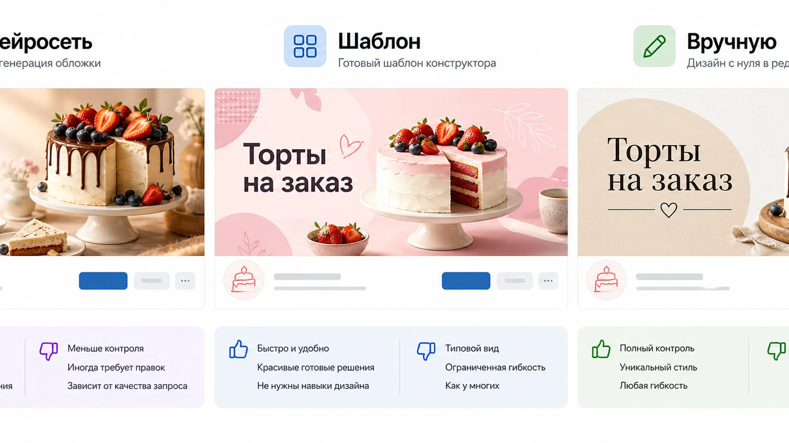 Три варианта обложки ВК для кондитерской, сделанные разными способами по одному заданию.