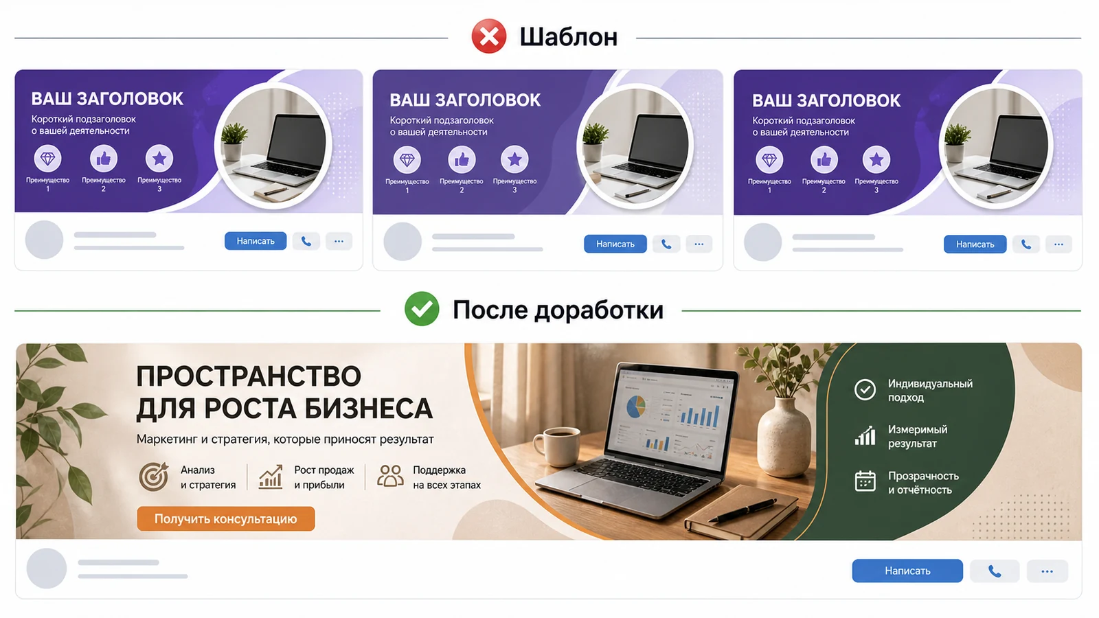 Несколько похожих обложек ВК на одном шаблоне и переработанная индивидуальная версия.