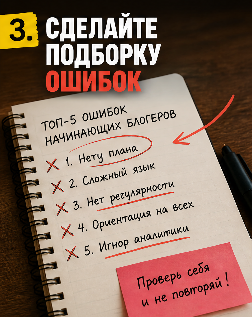 Слайд 4: идея 3 - подборка ошибок начинающих блогеров с красными пометками