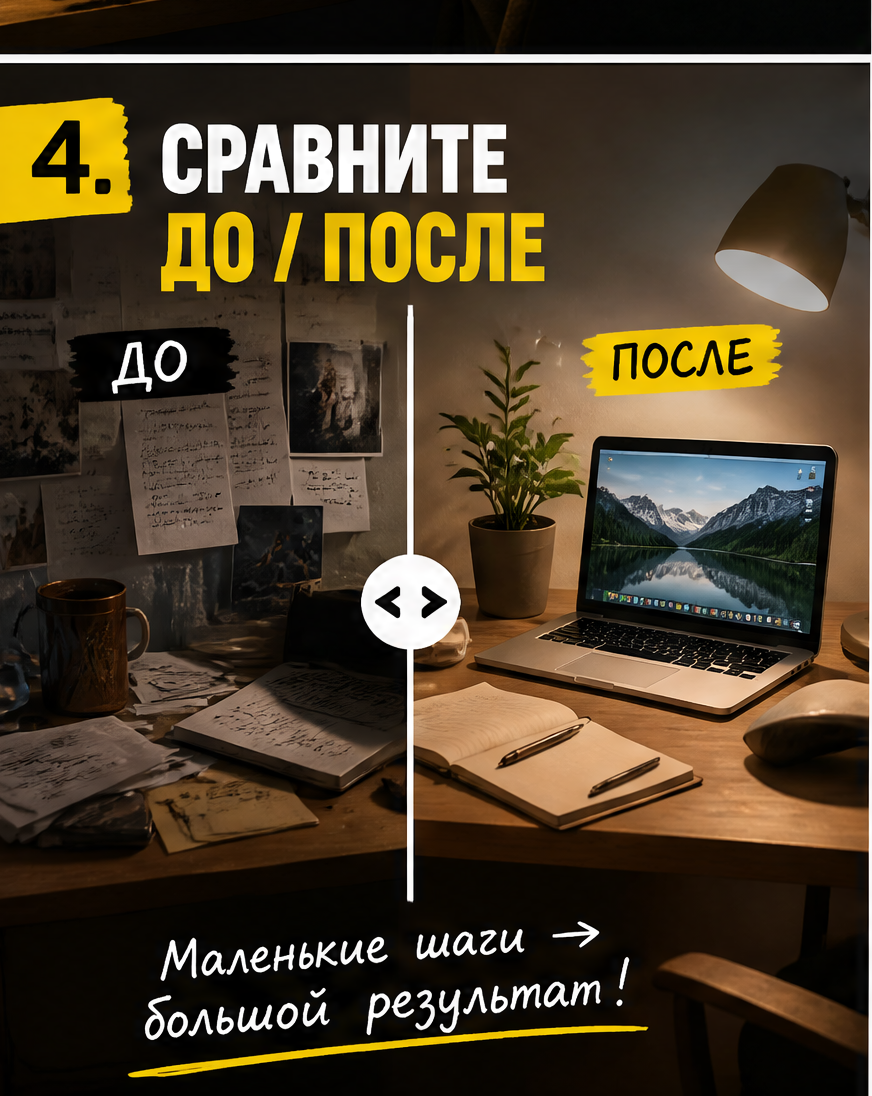 Слайд 5: идея 4 - сравнение до/после в формате split-screen transformation