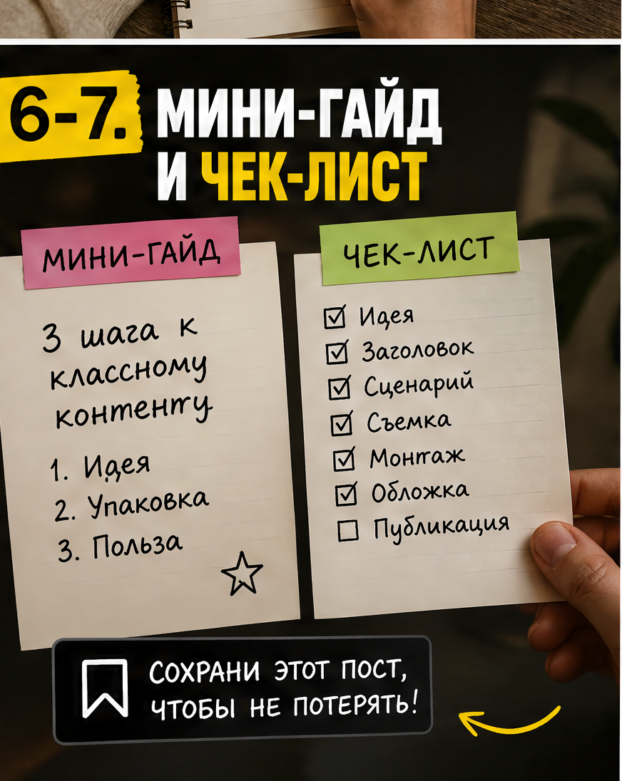 Слайд 7: идеи 6-7 - мини-гайд и чек-лист с карточками для сохранения
