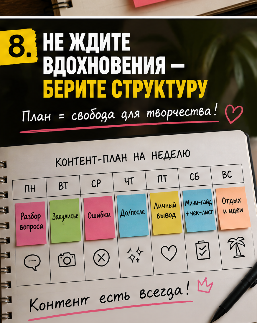 Слайд 8: идея 8 и вывод «Не ждите вдохновения, берите структуру» с календарём контента