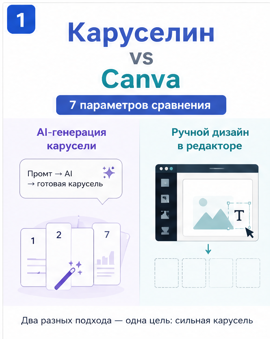 Слайд 1: hook «Каруселин vs Canva: что выбрать в 2026»